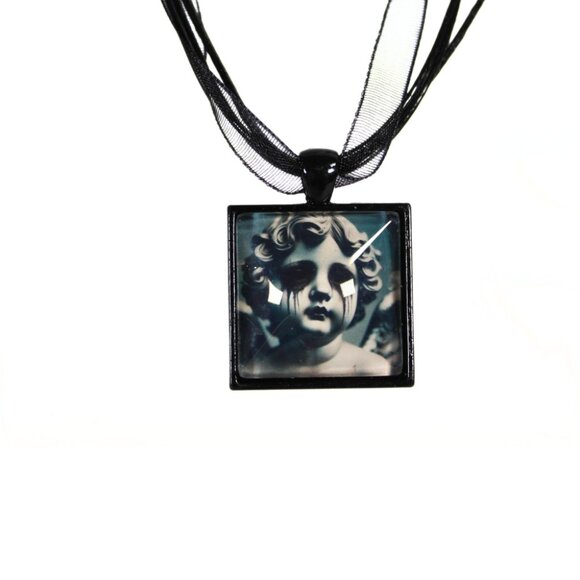 Gothic Grunge Cupid Necklace Handmade Black Metal Square Pendant Crying Cupid - Picture 1 of 3